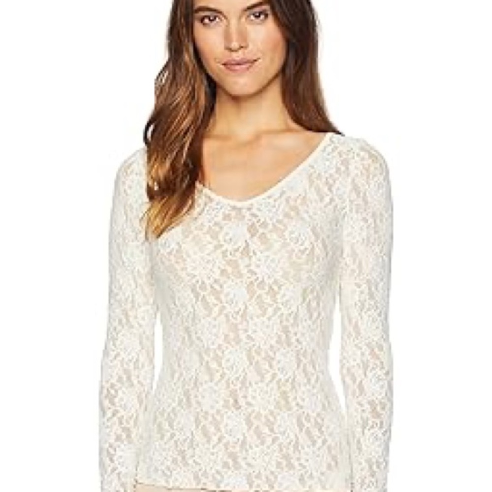 2 Hanky Panky Cream and Tan Lace Tops Long Sleeve